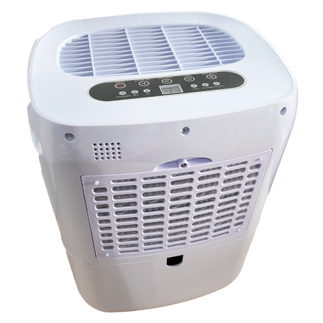 Rückansicht des Clivex HomeDry 20L mit Luftfilter und Wasserablauföffnung