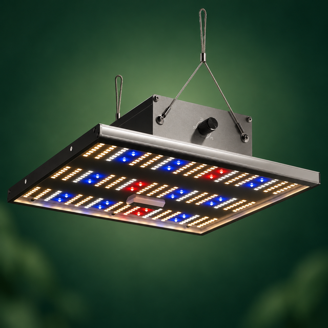 LED-Growlampe mit Seilaufhängung und Dimmregler.