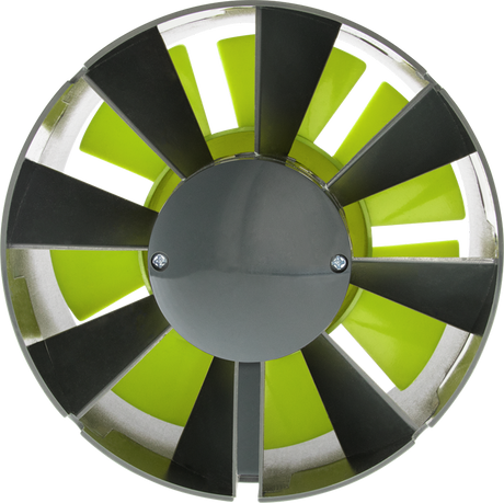 Direktaufnahme der Luftauslassöffnung des Garden Highpro Axiallüfters mit 100 mm Durchmesser und dynamisch angeordneten Lüfterblättern für hohen Luftdurchsatz.