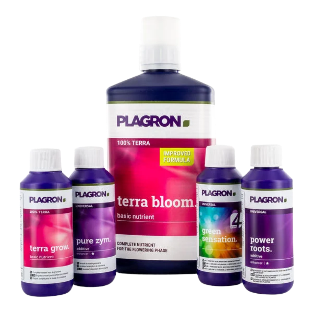 Plagron Düngerset mit Terra Bloom, Terra Grow, Pure Zym, Green Sensation und Power Roots – Komplettlösung für Wachstum und Blüte.