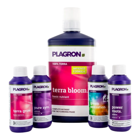 Plagron Düngerset mit Terra Bloom, Terra Grow, Pure Zym, Green Sensation und Power Roots – Komplettlösung für Wachstum und Blüte.