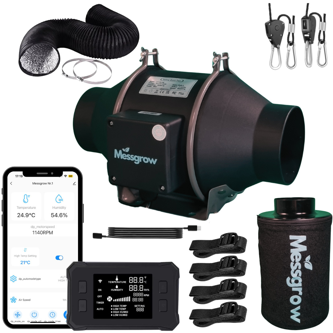 Abluft-Komplettset für Growzelte mit EC-Lüfter, Aktivkohlefilter, App-steuerbarem Controller, Sensoren, Flexschlauch, Schlauchschellen, Aufhängung und Filtergurten – optimal für diskretes Indoor Growing.