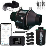 Abluft-Komplettset für Growzelte mit EC-Lüfter, Aktivkohlefilter, App-steuerbarem Controller, Sensoren, Flexschlauch, Schlauchschellen, Aufhängung und Filtergurten – optimal für diskretes Indoor Growing.