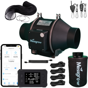 Abluft-Komplettset für Growzelte mit EC-Lüfter, Aktivkohlefilter, App-steuerbarem Controller, Sensoren, Flexschlauch, Schlauchschellen, Aufhängung und Filtergurten – optimal für diskretes Indoor Growing.