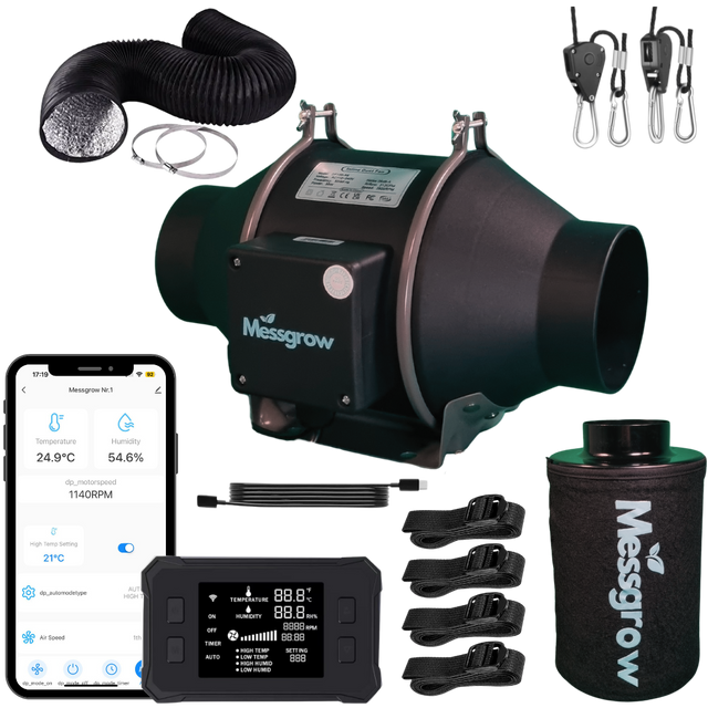 Abluft-Komplettset für Growzelte mit EC-Lüfter, Aktivkohlefilter, App-steuerbarem Controller, Sensoren, Flexschlauch, Schlauchschellen, Aufhängung und Filtergurten – optimal für diskretes Indoor Growing.