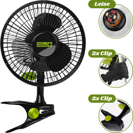 Der Garden Highpro Clip-Ventilator 12W Ø20 cm sorgt für zuverlässige, leise Umluft in deiner Growbox – mit einem sparsamen 12-Watt-Motor