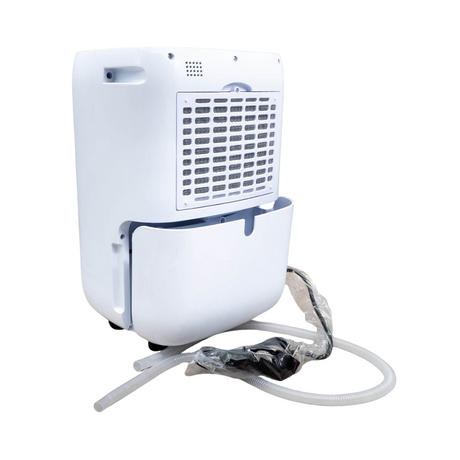Clivex HomeDry 20L Luftentfeuchter Rückansicht mit geöffnetem Wassertank und Ablaufschlauch
