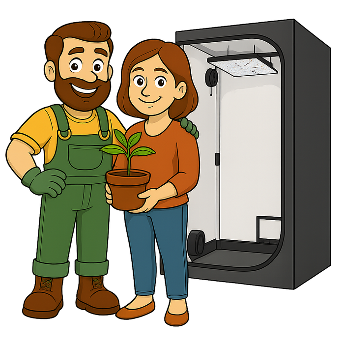 Gärtner Daniel mit einer zufriedenen Kundin vor einer erfolgreichen Indoor-Growbox.