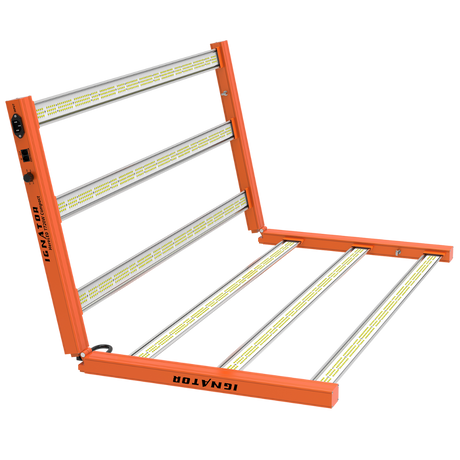 HeroLED T720W LED Growlampe in halboffenem Zustand – zeigt Dimmer & Anschlussoptionen