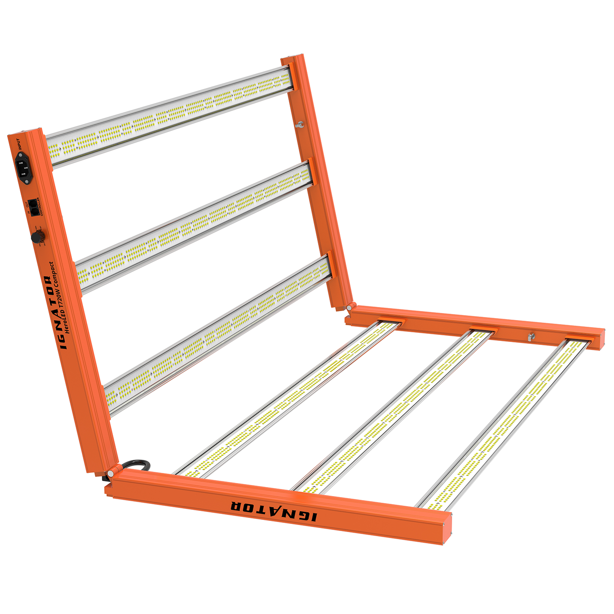 HeroLED T720W LED Growlampe in halboffenem Zustand – zeigt Dimmer & Anschlussoptionen