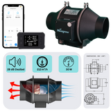 Technische Details des Messgrow Abluftsets: Luftdurchsatz 212 m³/h, Geräuschpegel 28 dB, Leistung 30 W – inklusive App-Funktion, Stromsparmodus und Maßskizze des Ventilators.