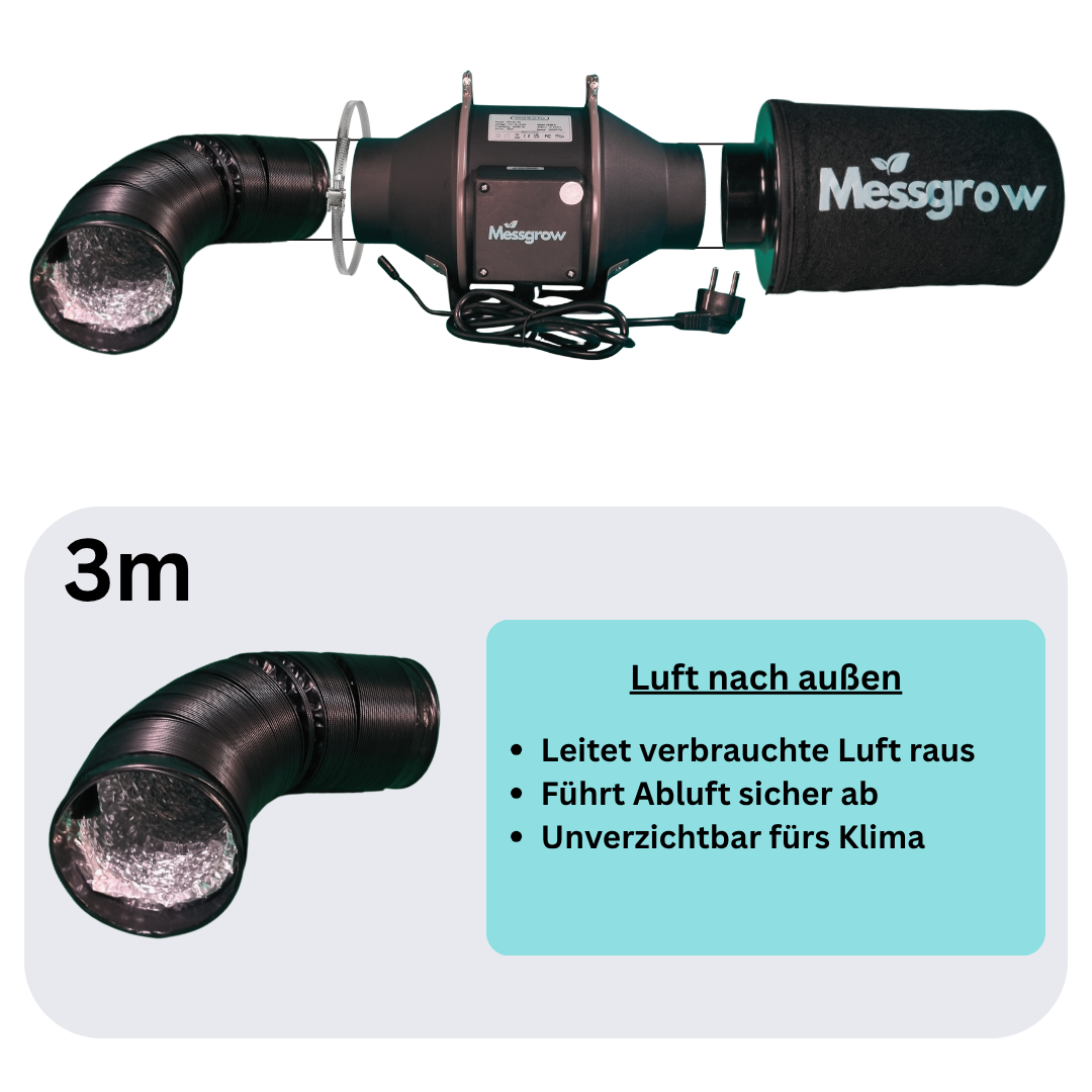 Flexibler 3 m Abluftschlauch zur sicheren Luftableitung nach außen – unverzichtbar für sauberes Raumklima im Indoor-Growbereich.