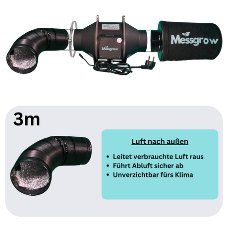 Flexibler 3 m Abluftschlauch zur sicheren Luftableitung nach außen – unverzichtbar für sauberes Raumklima im Indoor-Growbereich.