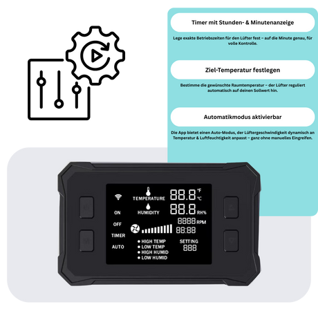 Digitaler Controller mit Timeranzeige, Zieltemperatur-Einstellung & Auto-Modus – intuitive Bedienung direkt an der Growbox.