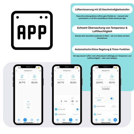 Smartphone-App zur präzisen Lüftersteuerung – 10 Leistungsstufen, Timerfunktion & Live-Überwachung von Temperatur & Feuchte.