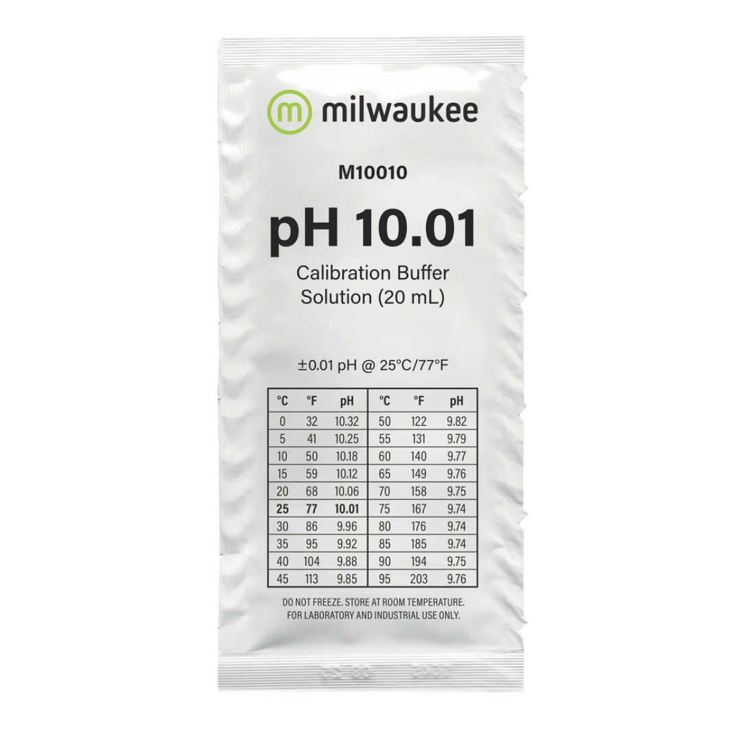 Milwaukee pH 10.01 Kalibrierlösung im 20-ml-Beutel, präzise Pufferlösung für die Kalibrierung von pH-Messgeräten, luft- und lichtdicht versiegelt für exakte Messergebnisse.