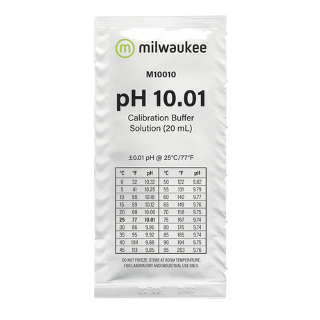 Milwaukee pH 10.01 Kalibrierlösung im 20-ml-Beutel, präzise Pufferlösung für die Kalibrierung von pH-Messgeräten, luft- und lichtdicht versiegelt für exakte Messergebnisse.