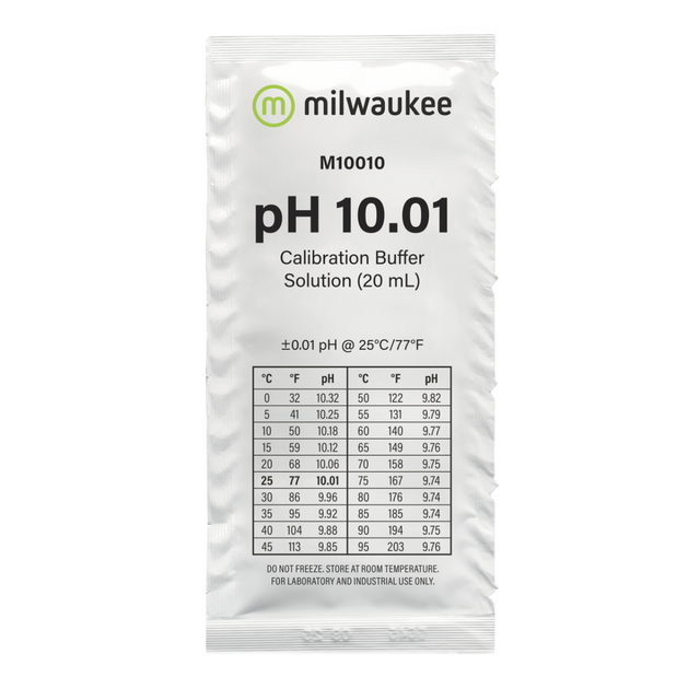 Milwaukee pH 10.01 Kalibrierlösung im 20-ml-Beutel, präzise Pufferlösung für die Kalibrierung von pH-Messgeräten, luft- und lichtdicht versiegelt für exakte Messergebnisse.