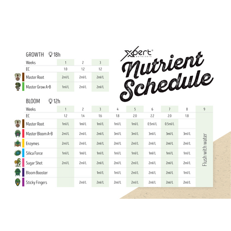Xpert Nutrients Nährstoffplan – Dosierung für Master Root, Grow und Bloom