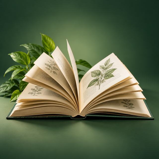 Aufgeschlagenes Buch mit Pflanzenzeichnungen vor grünem Hintergrund.