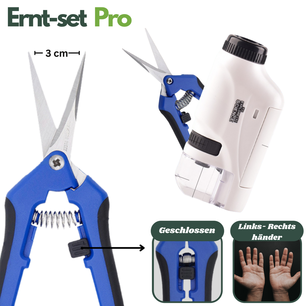 Detailaufnahme der Ernteschere mit 3 cm langer Edelstahlklinge