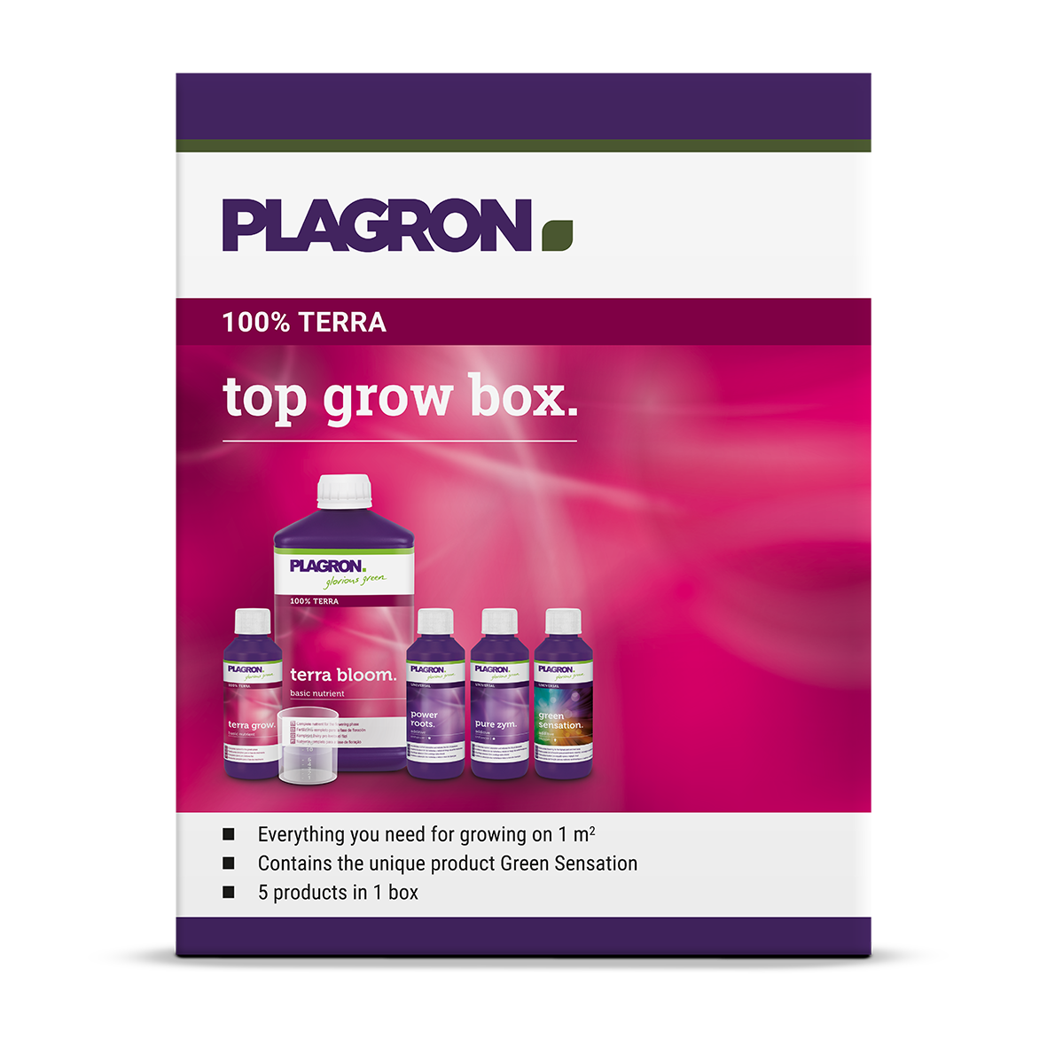 Plagron Top Grow Box 100% Terra Düngerset mit Terra Grow, Terra Bloom, Power Roots, Pure Zym und Green Sensation