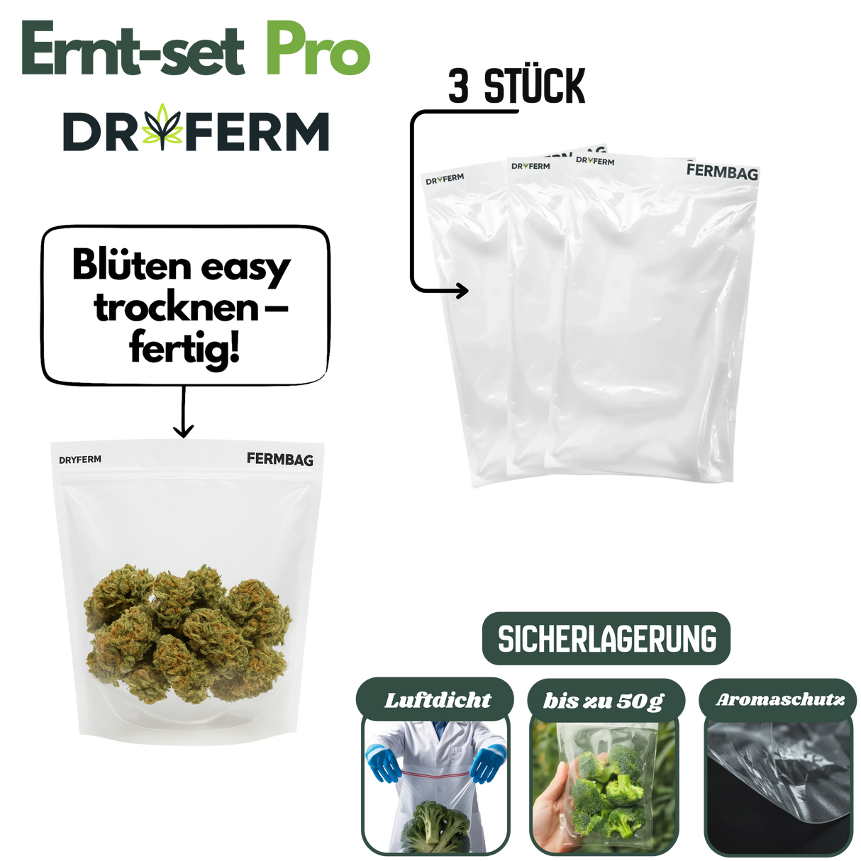 3 wiederverwendbare Dryferm Beutel zur sicheren Trocknung von Blüten mit Aromaschutz