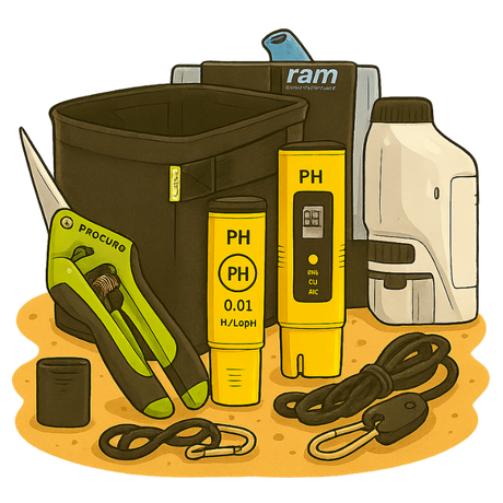 Illustration einer Kategorieübersicht für eine Growshop-Webseite mit sechs gezeichneten Symbolen: ein Komplettset mit Gärtner, eine geöffnete Growbox, ein Abluftventilator, eine LED-Beleuchtung, Düngemittel und Erdsäcke sowie diverses Zubehör auf sandfarbenem Untergrund.