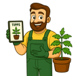 Gärtner Daniel mit hellgrauem Vollbart und Tablet in der Hand zeigt einen Pflanzenbericht neben einer gesunden Topfpflanze. Das Bild symbolisiert professionelle Anbauhilfe und fachkundige Pflanzenberatung für Kunden im Online-Shop.