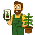 Gärtner Daniel mit hellgrauem Vollbart und Tablet in der Hand zeigt einen Pflanzenbericht neben einer gesunden Topfpflanze. Das Bild symbolisiert professionelle Anbauhilfe und fachkundige Pflanzenberatung für Kunden im Online-Shop.