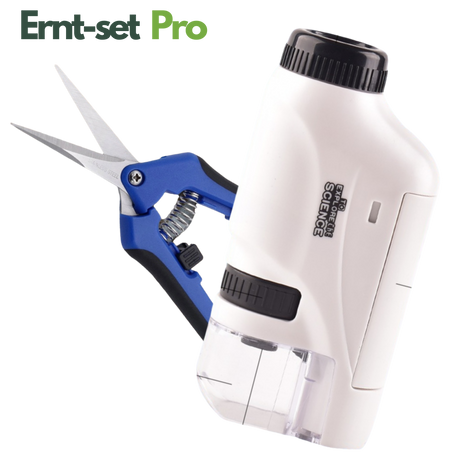 Hochwertiges Ernteset bestehend aus ergonomischer Edelstahl-Ernteschere und Taschenmikroskop mit 60–120-facher Vergrößerung zur präzisen Pflanzenpflege und Reifeprüfung