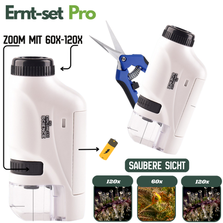 Kompaktes Taschenmikroskop mit 60x–120x Vergrößerung und integrierter LED-Beleuchtung zur genauen Kontrolle von Pflanzenstrukturen, Reifegrad und möglichen Schäden